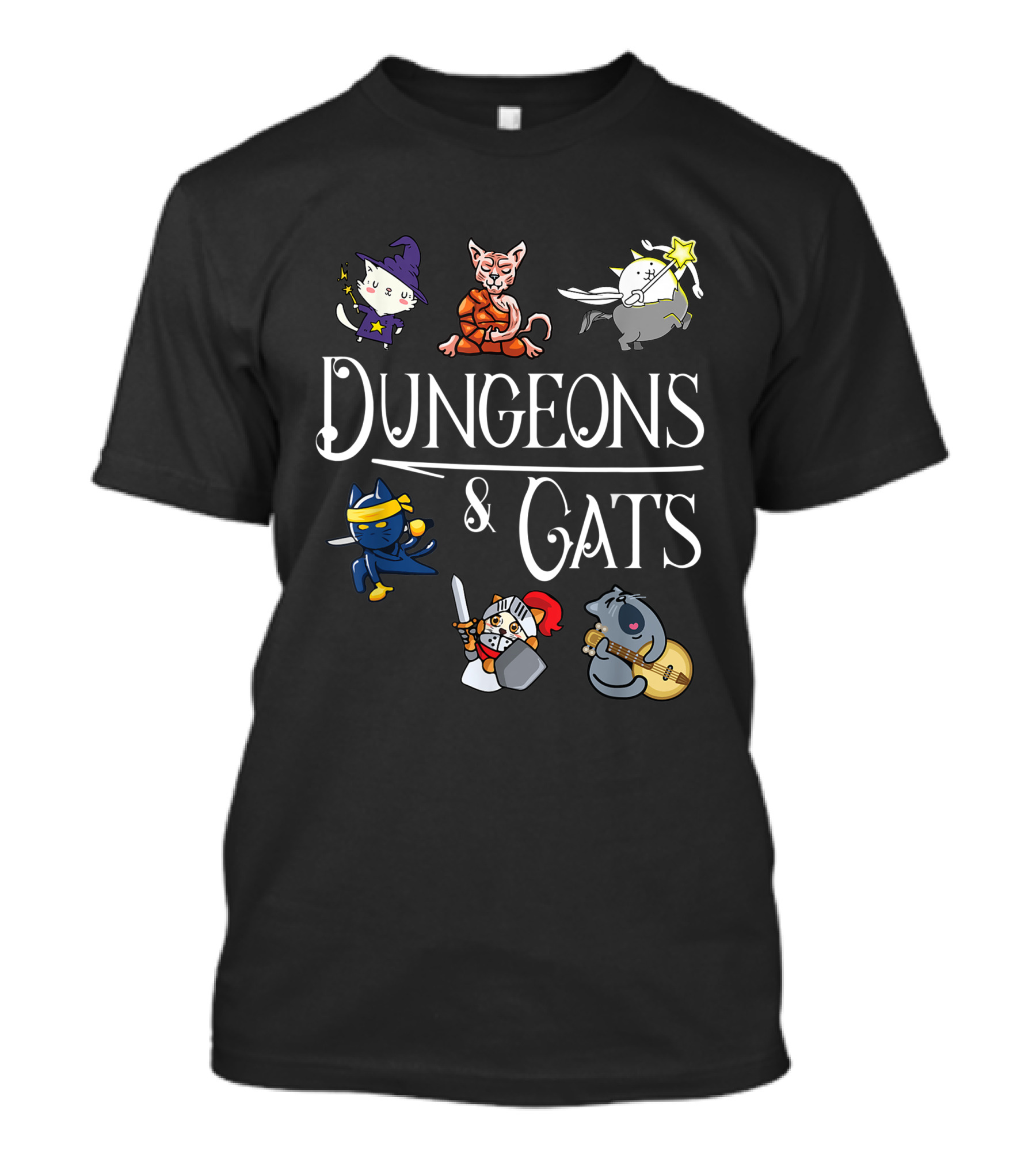 Dungeons And Cats Funny Cat Lover Cartoon Character Wizard And Warrior Adventure T-Shirt