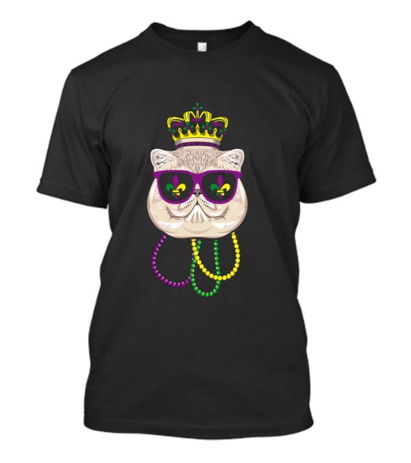 Mardi Gras Cat Wearing Crown, Sunglasses With Fleur-de-Lis, And Colorful Beads T-Shirt