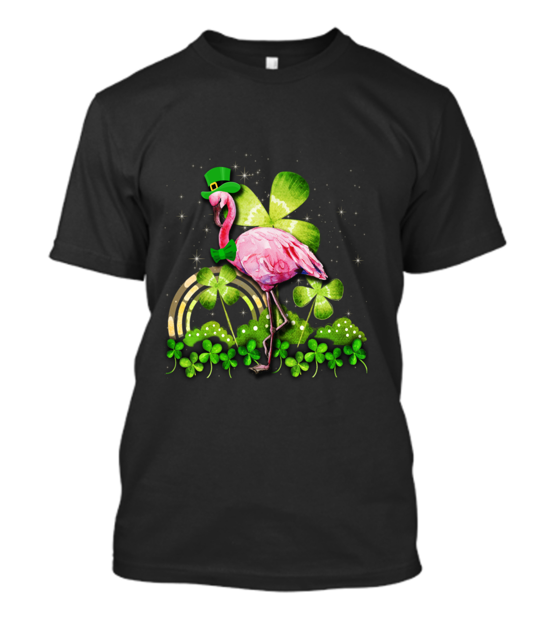 Flamingo St Patrick Day Shamrocks Leprechaun Rainbow Bowtie Sparkles T-Shirt