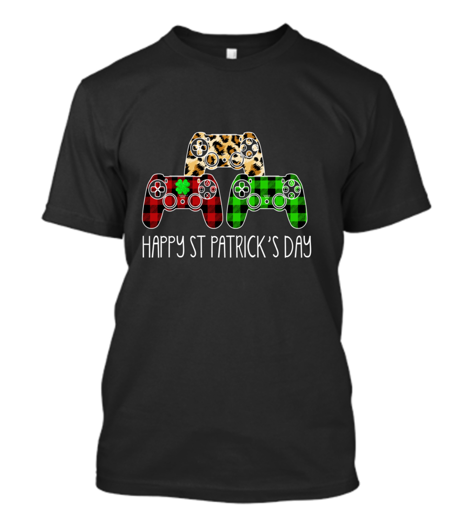 Happy St Patrick's Day Leopard Buffalo Plaid Video Games Gamer T-Shirt