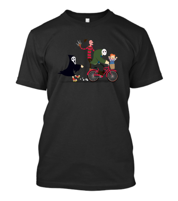 Horror Characters Night Ride With Ghost Mask Freddy Jason And Doll On Bicycle T-Shirt