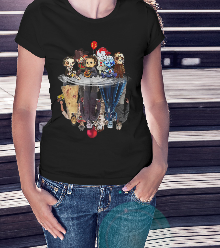 Cute Horror Movie Chibi Character Water Reflection Iconic Figures T-Shirt