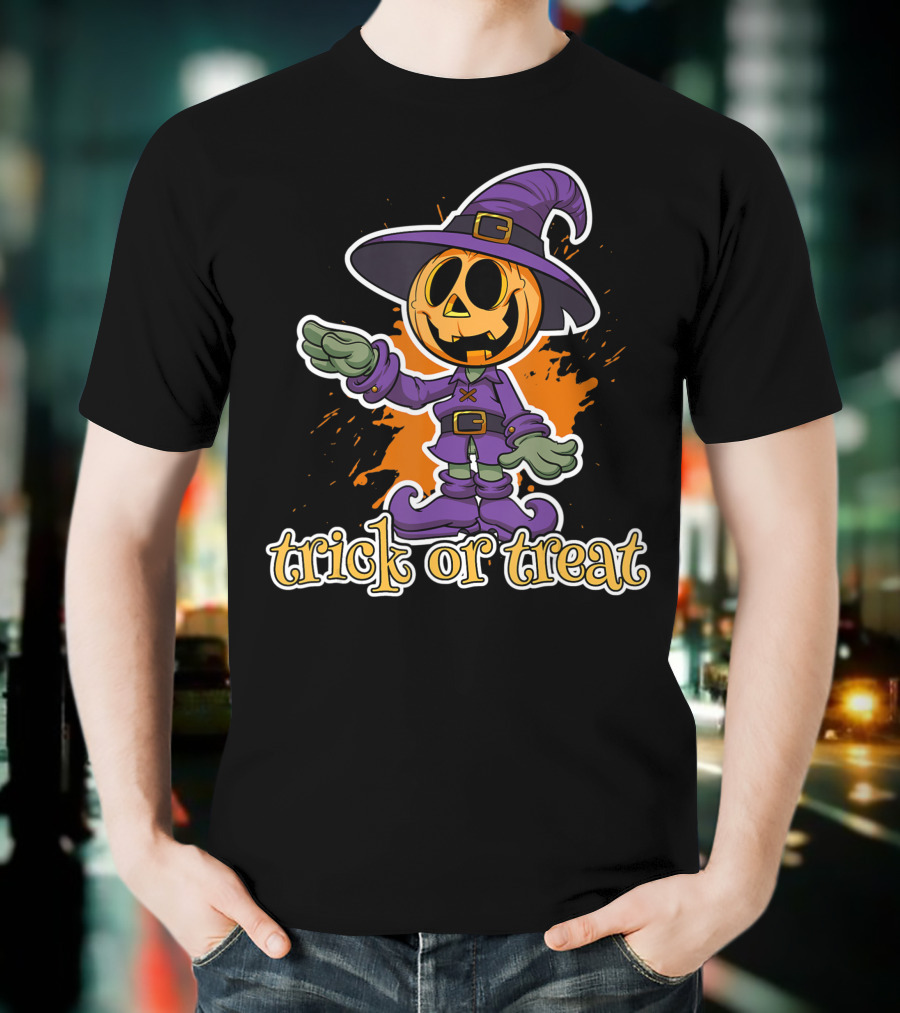 Trick Or Treat Funny Halloween Pumpkin In Witch Hat T-Shirt