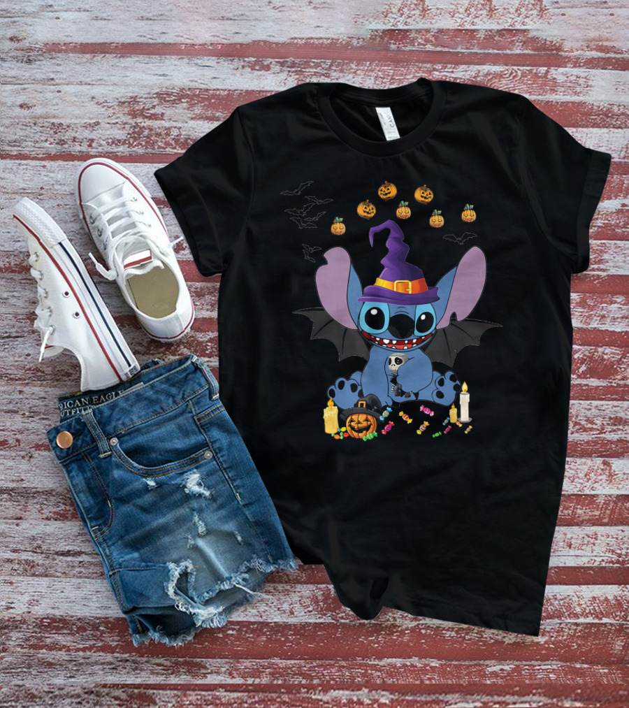 Stitch In Witch Hat Surrounded By Pumpkins And Candies T-Shirt