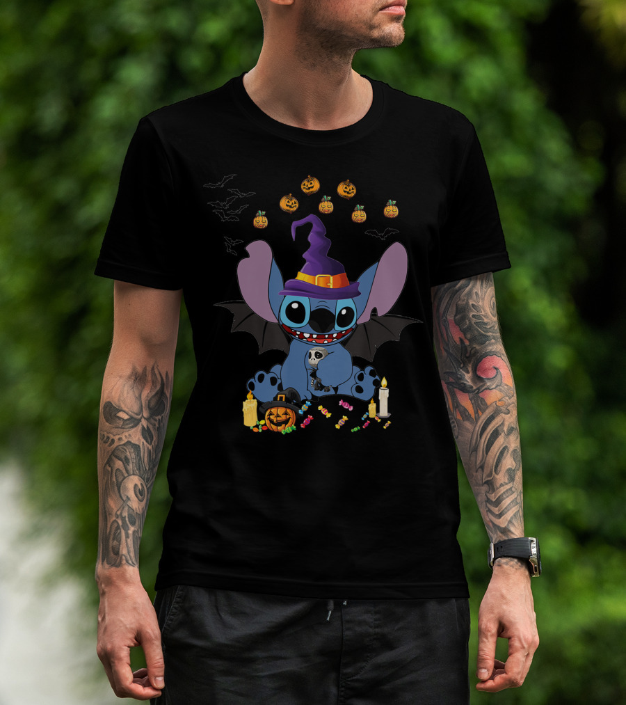 Stitch In Witch Hat Surrounded By Pumpkins And Candies T-Shirt