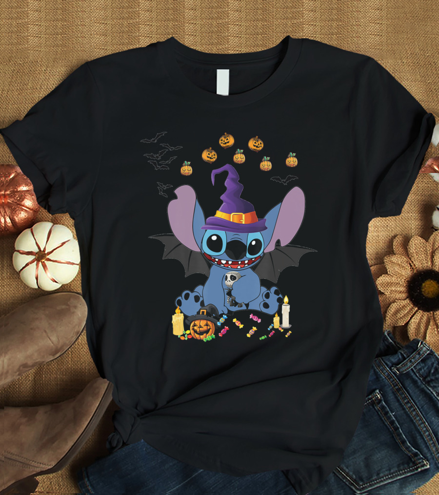 Stitch In Witch Hat Surrounded By Pumpkins And Candies T-Shirt