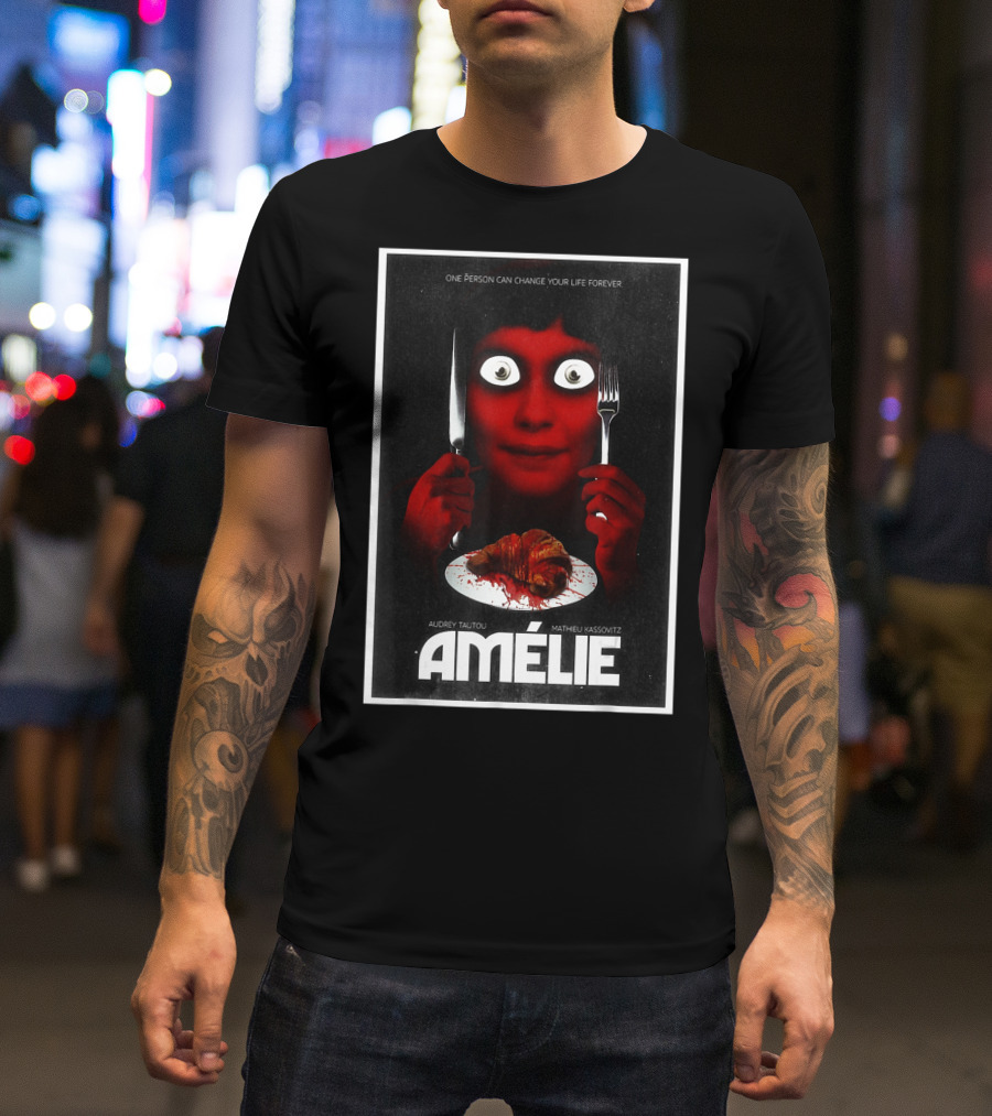 Amélie Horror Parody Audrey Tautou Matthieu Kassovitz Creepy Croissant T-Shirt