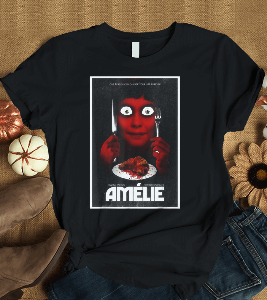 Amélie Horror Parody Audrey Tautou Matthieu Kassovitz Creepy Croissant T-Shirt