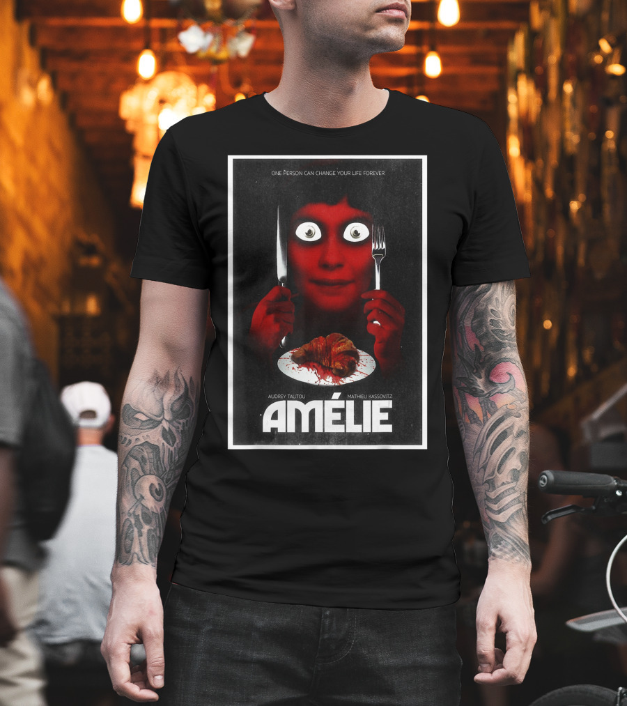 Amélie Horror Parody Audrey Tautou Matthieu Kassovitz Creepy Croissant T-Shirt