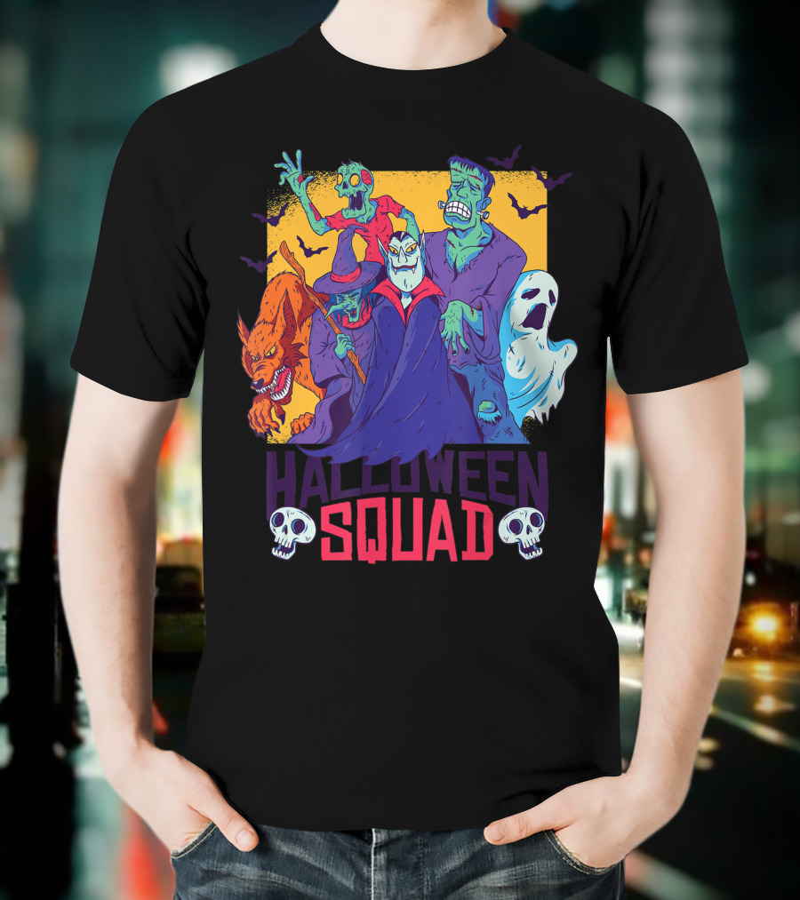 Halloween Squad Funny Horror Characters Vampire Wolf Zombie Ghost Monster T-Shirt