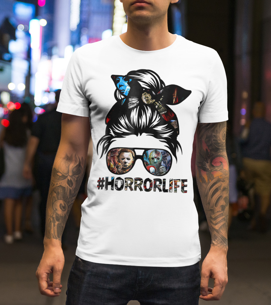 Horror Life Girl With Iconic Halloween Movie Characters T-Shirt