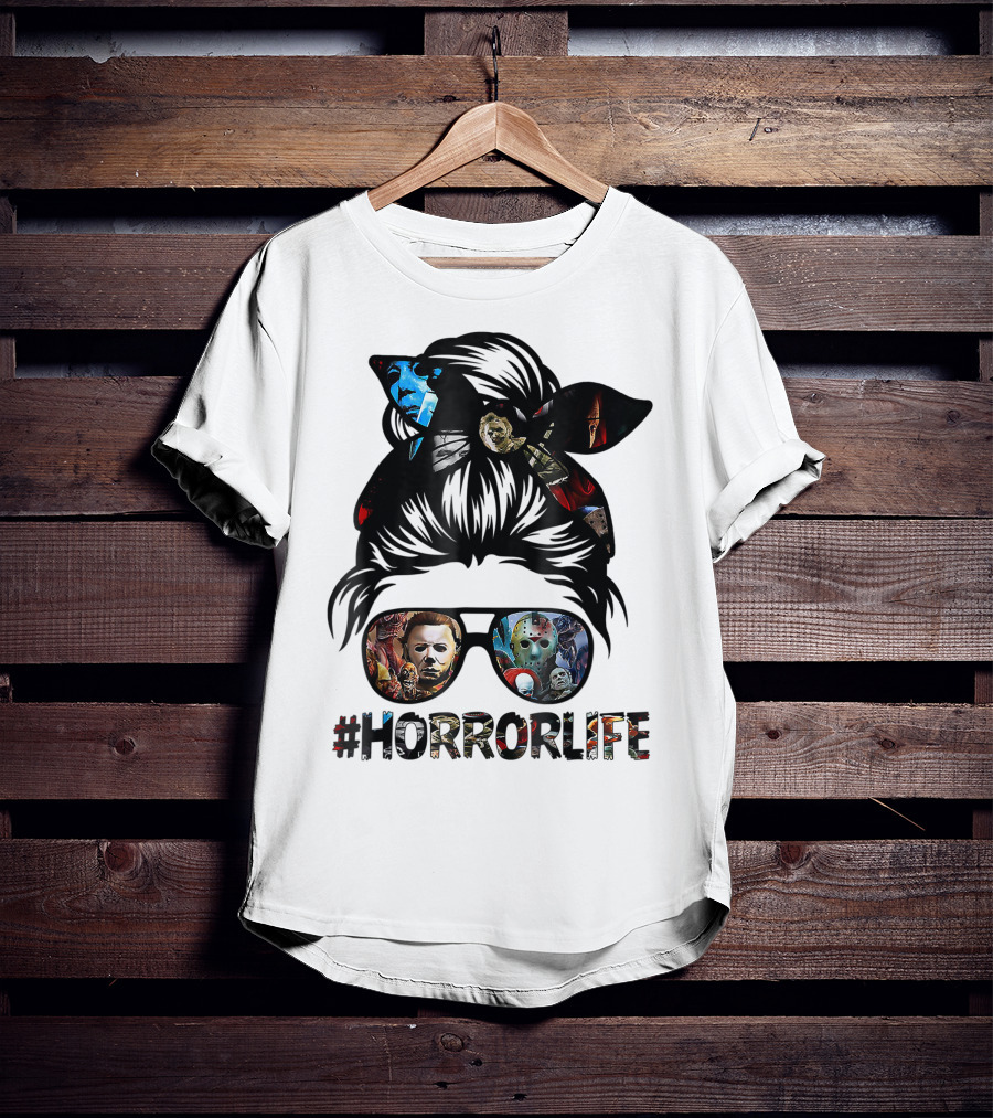 Horror Life Girl With Iconic Halloween Movie Characters T-Shirt