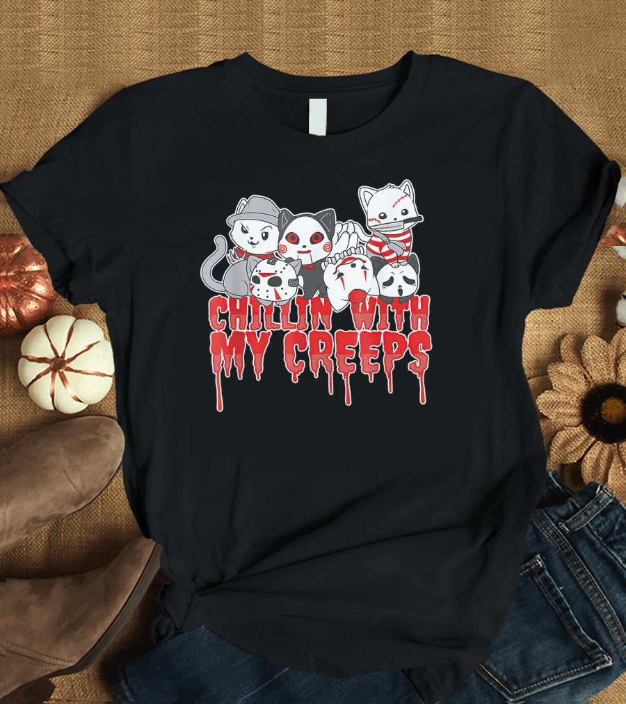Chillin With My Creeps Halloween Cats In Costumes T-Shirt