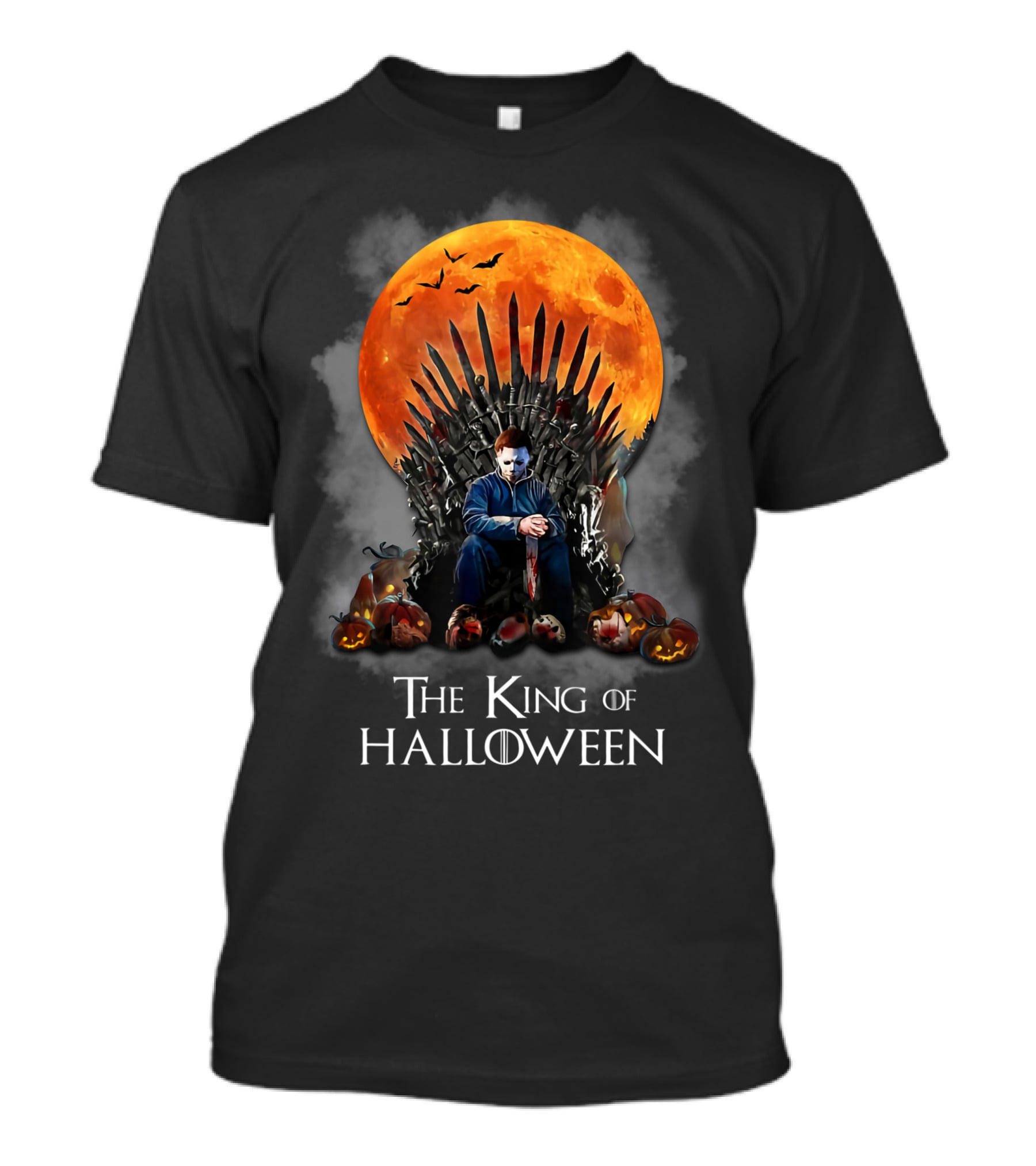The King Of Halloween Horror Characters On Throne With Full Moon And Pumpkins T-Shirt