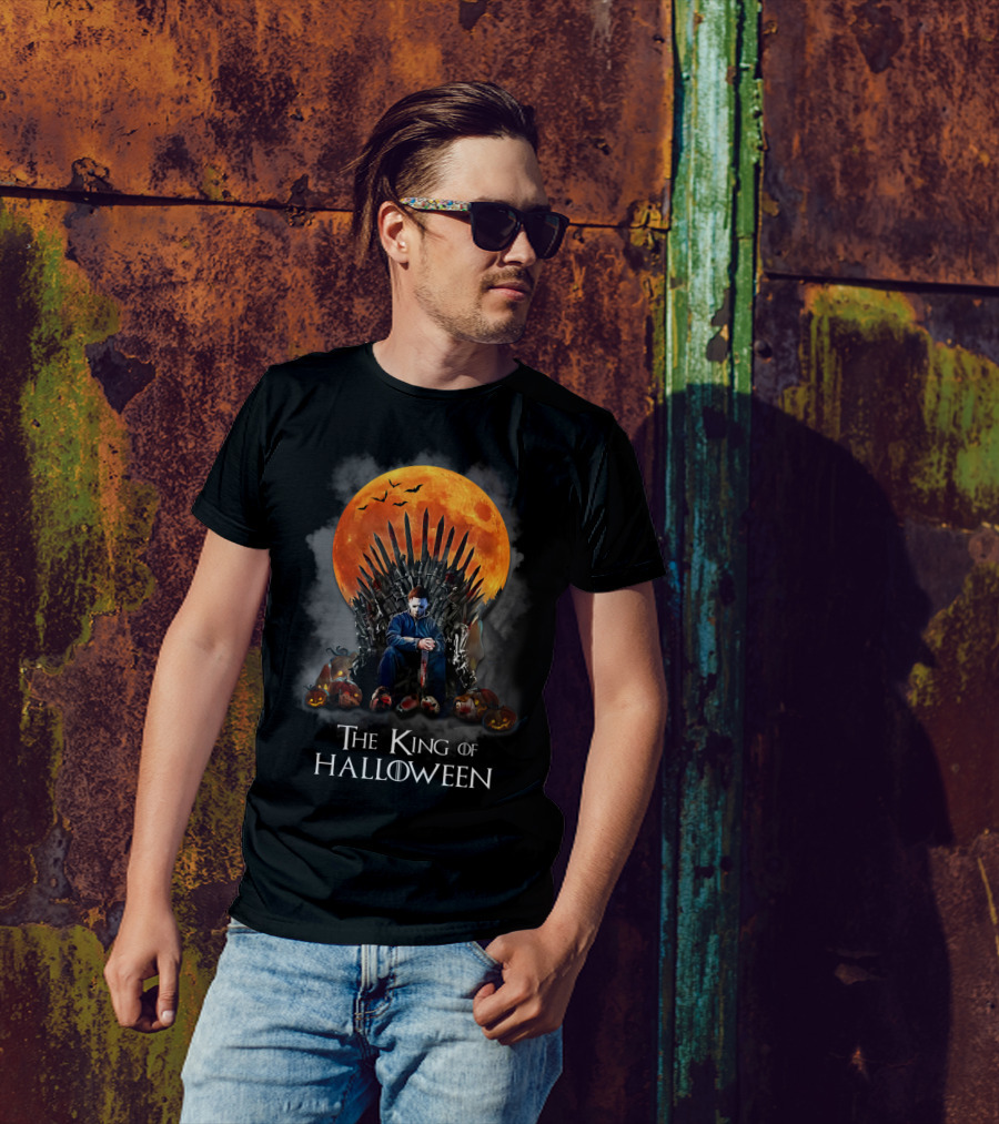 The King Of Halloween Horror Characters On Throne With Full Moon And Pumpkins T-Shirt