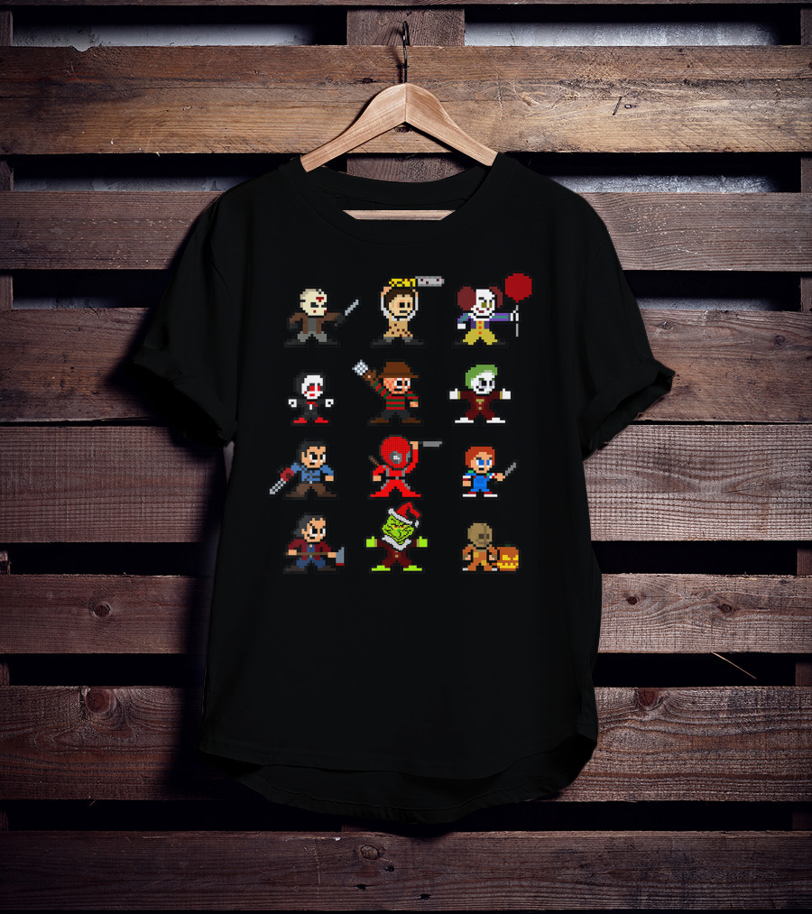 Pixelated Horror Icons Halloween Christmas Gamer Mashup T-Shirt