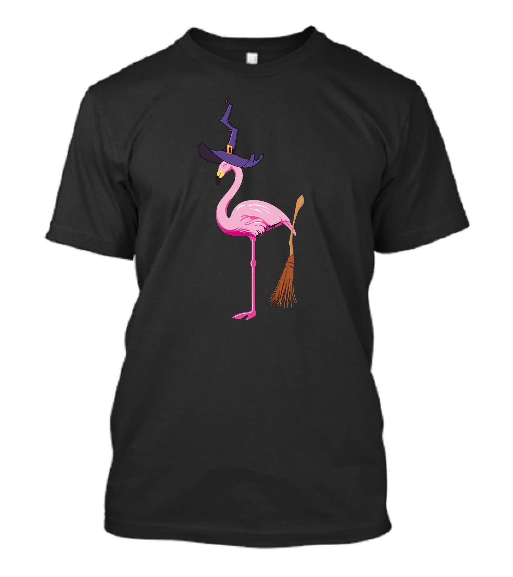 Flamingo Witch With Broom Halloween Magic T-Shirt