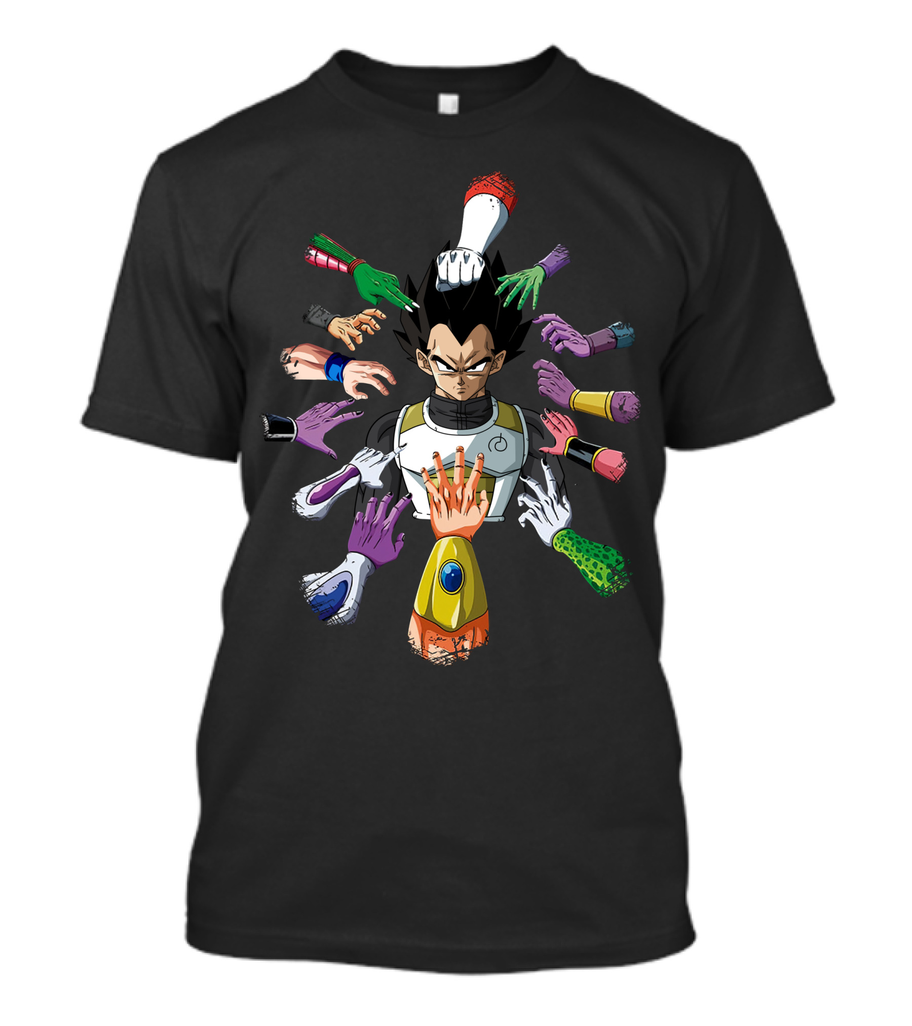 Vegeta Surrounded By Colorful Hands In John Wick T-Shirt