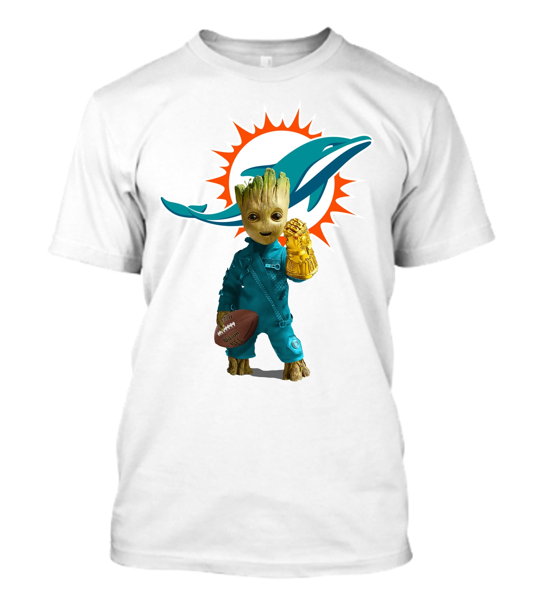 Miami Dolphins Groot Holding Football And Infinity Gauntlet T-Shirt