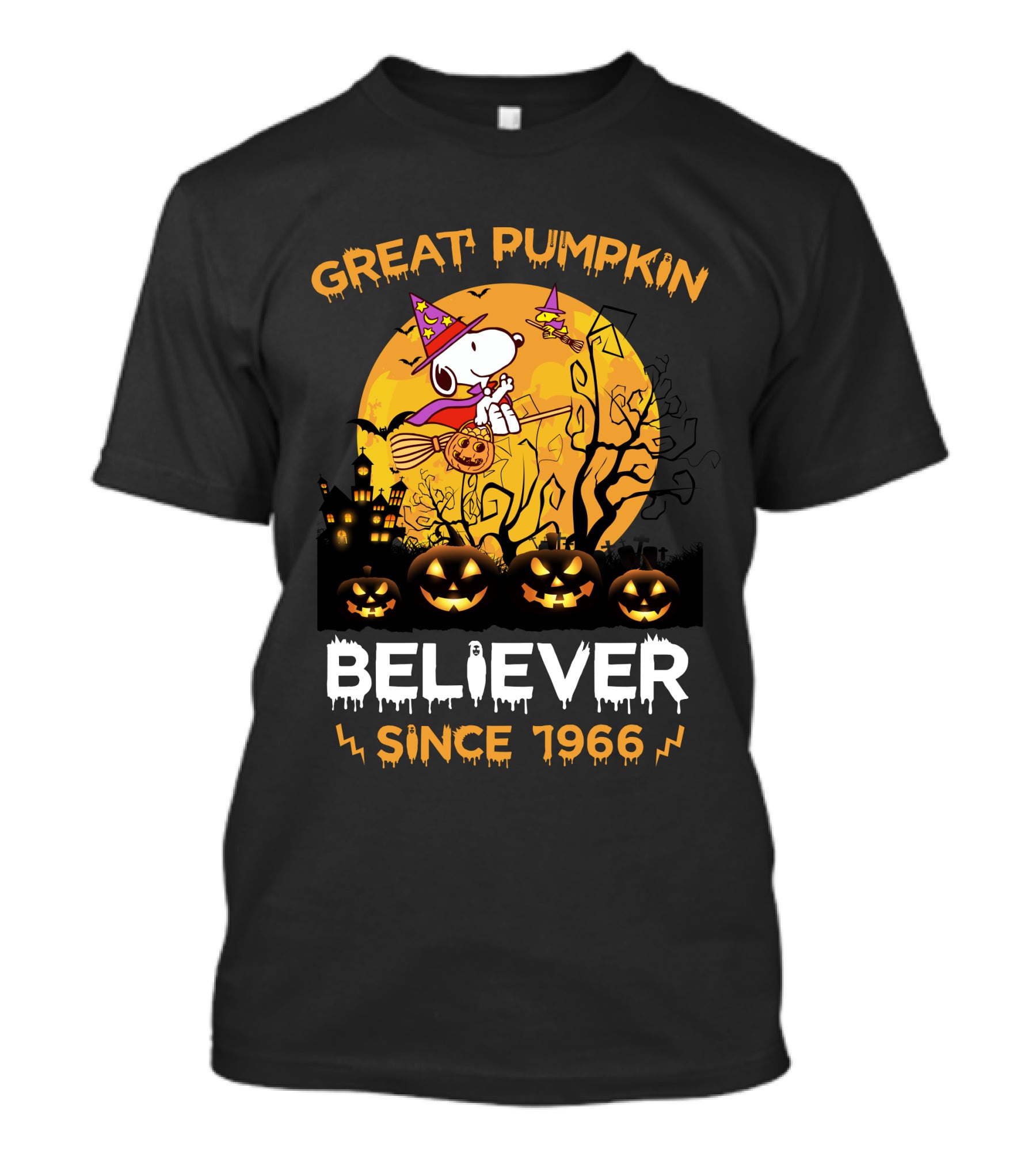 Great Pumpkin Believer Since 1966 Snoopy Halloween Flying Broomstick Moon Jack-O'-Lanterns T-Shirt