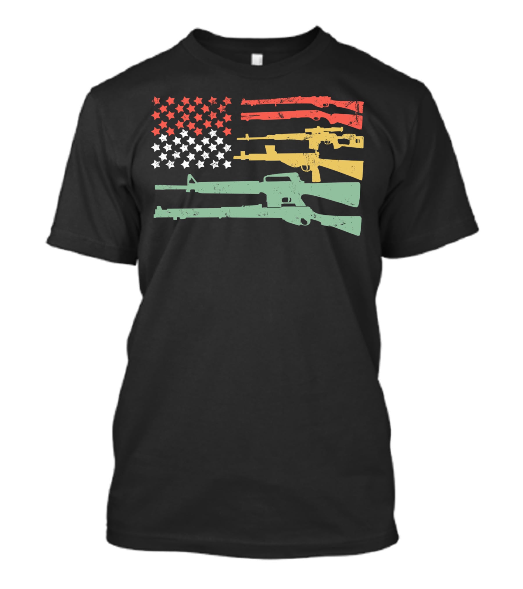 Big American Flag Machine Guns Vintage 2A Flag With Red Gold Green Rifle T-Shirt