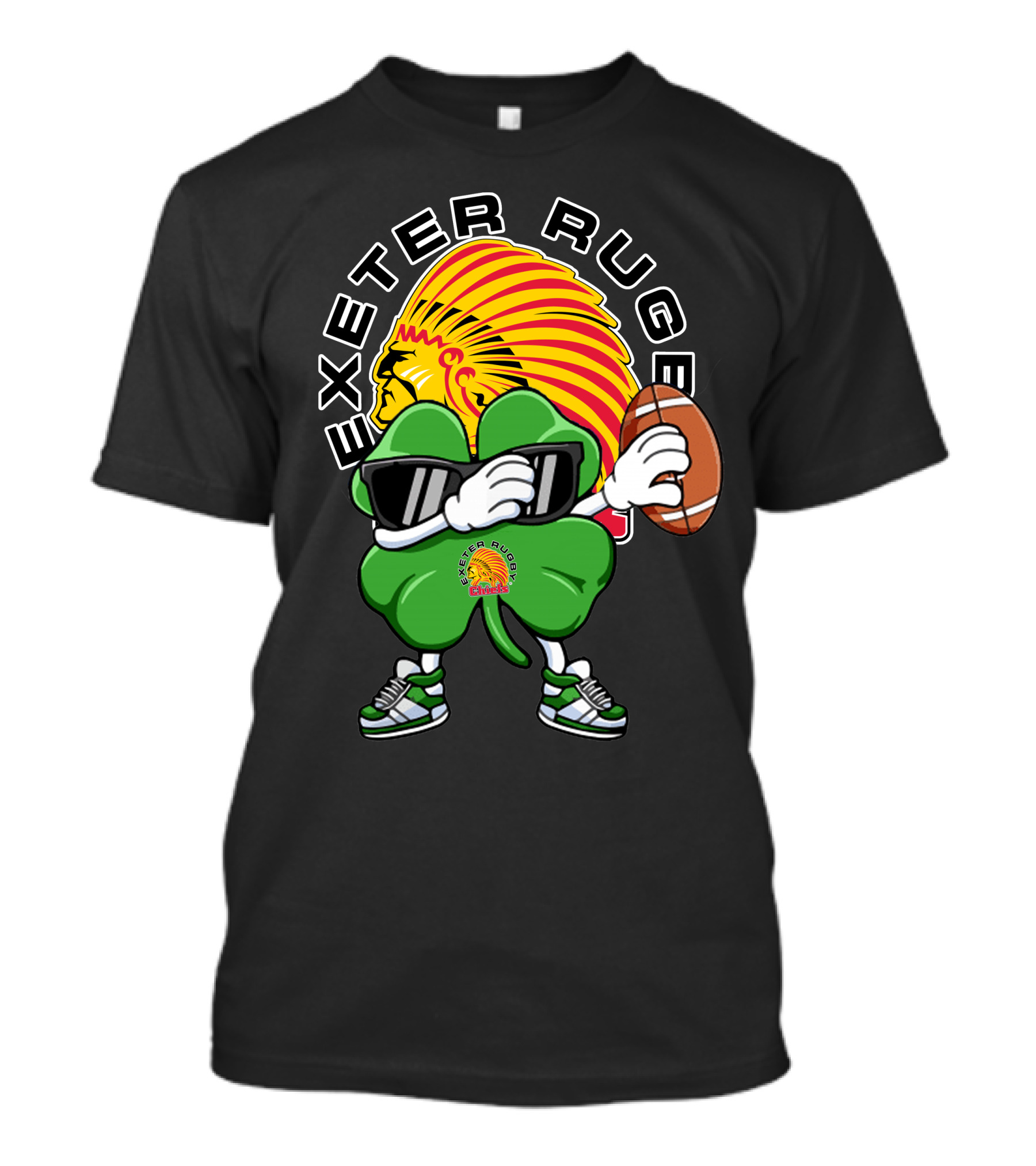 Exeter Rugger Chiefs Shamrock With Sunglasses And Rugby Ball T-Shirt