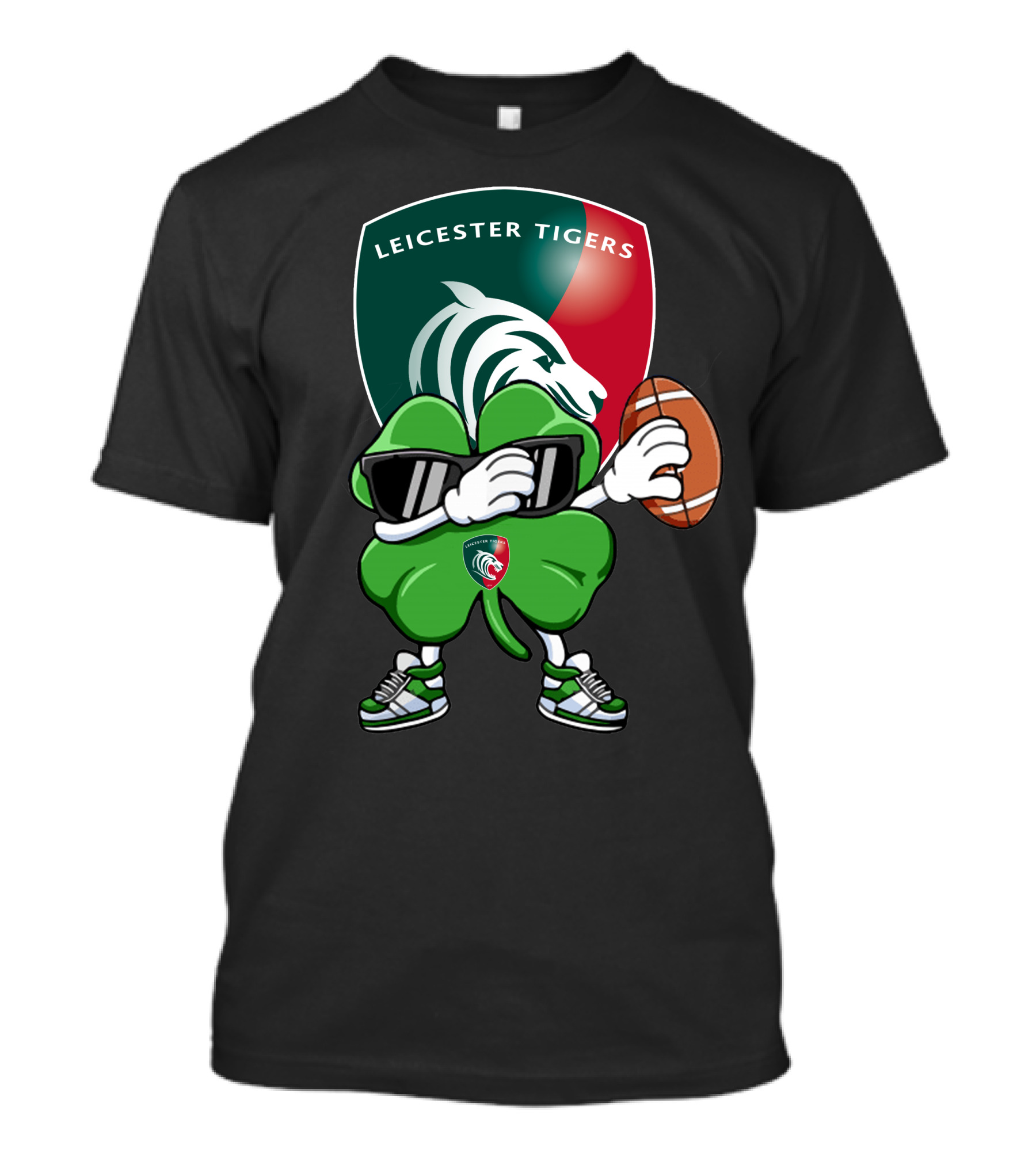Leicester Tigers Shamrock Mascot Holding Rugby Ball T-Shirt