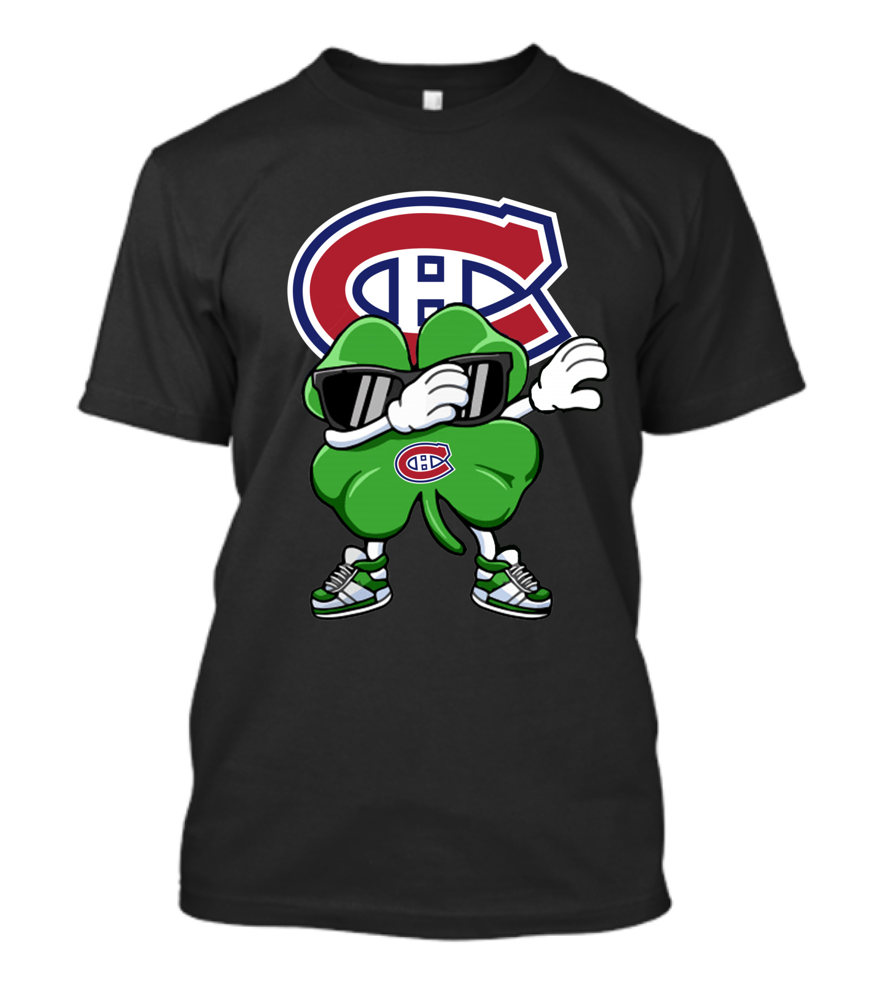 Montreal Canadiens Logo With Dabbing Four-Leaf Clover Wearing Sneakers And Sunglasses T-Shirt