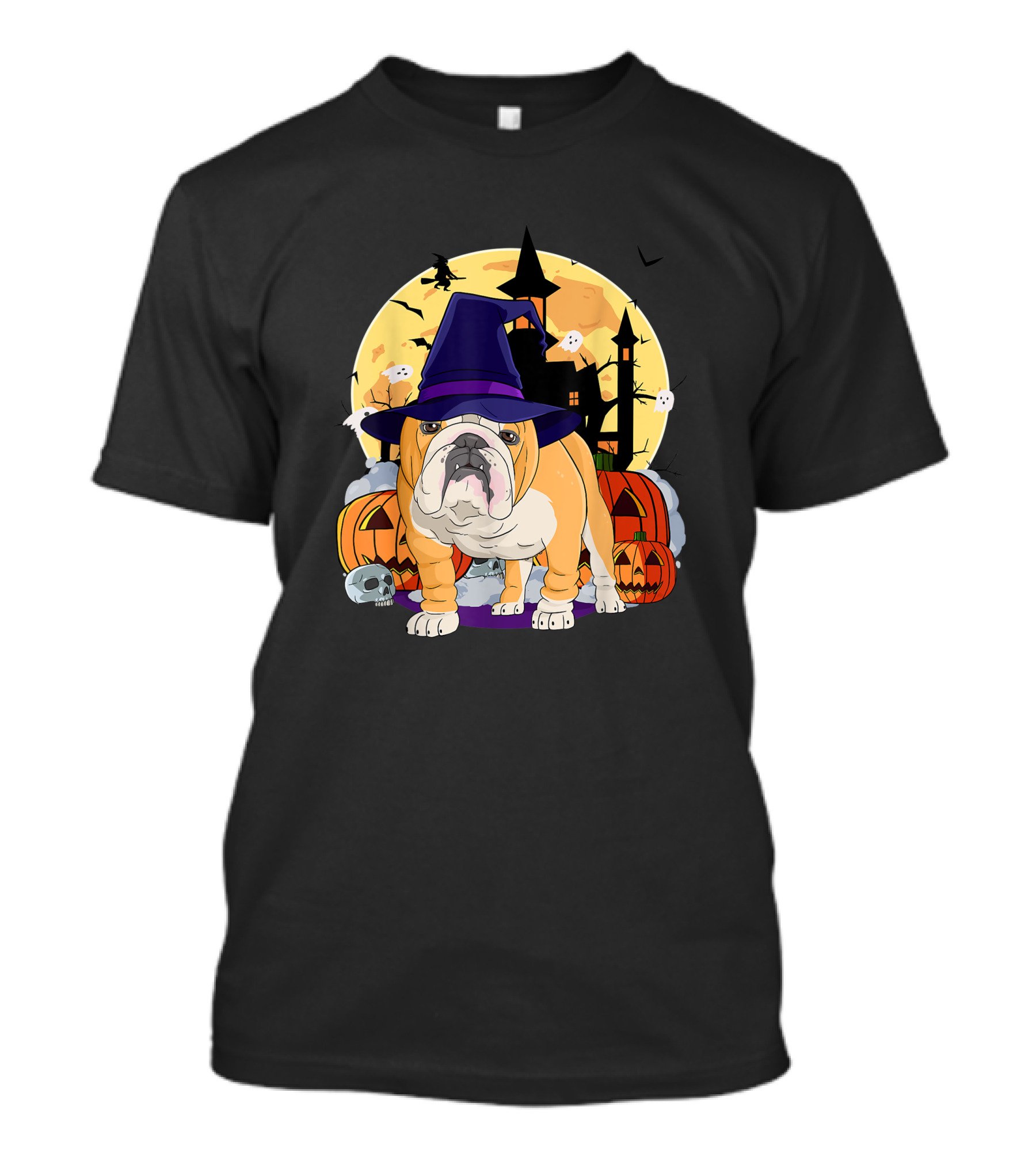 English Bulldog Witch Hat Halloween Pumpkins And Haunted House T-Shirt
