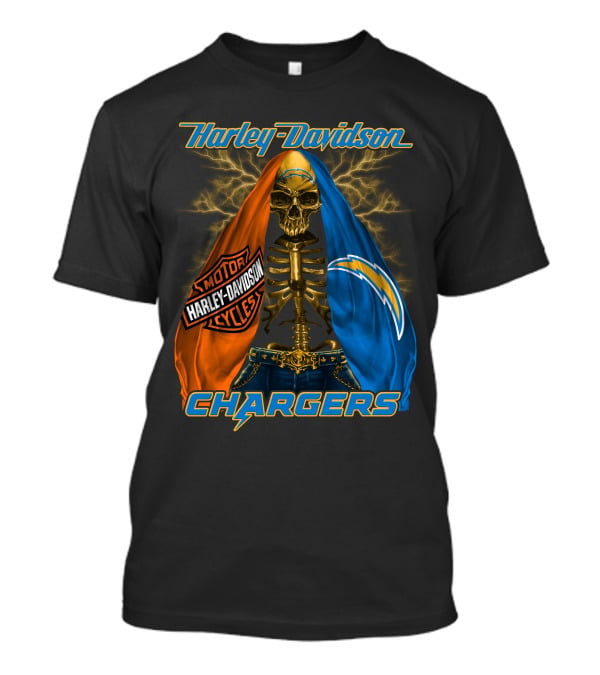 Harley Davidson Los Angeles Chargers Skeleton With Lightning Bolt And Motorcycle T-Shirt