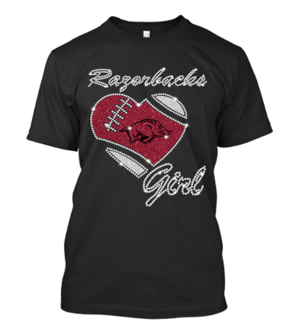 Razorbacks Girl Arkansas Sparkling Football Heart T-Shirt