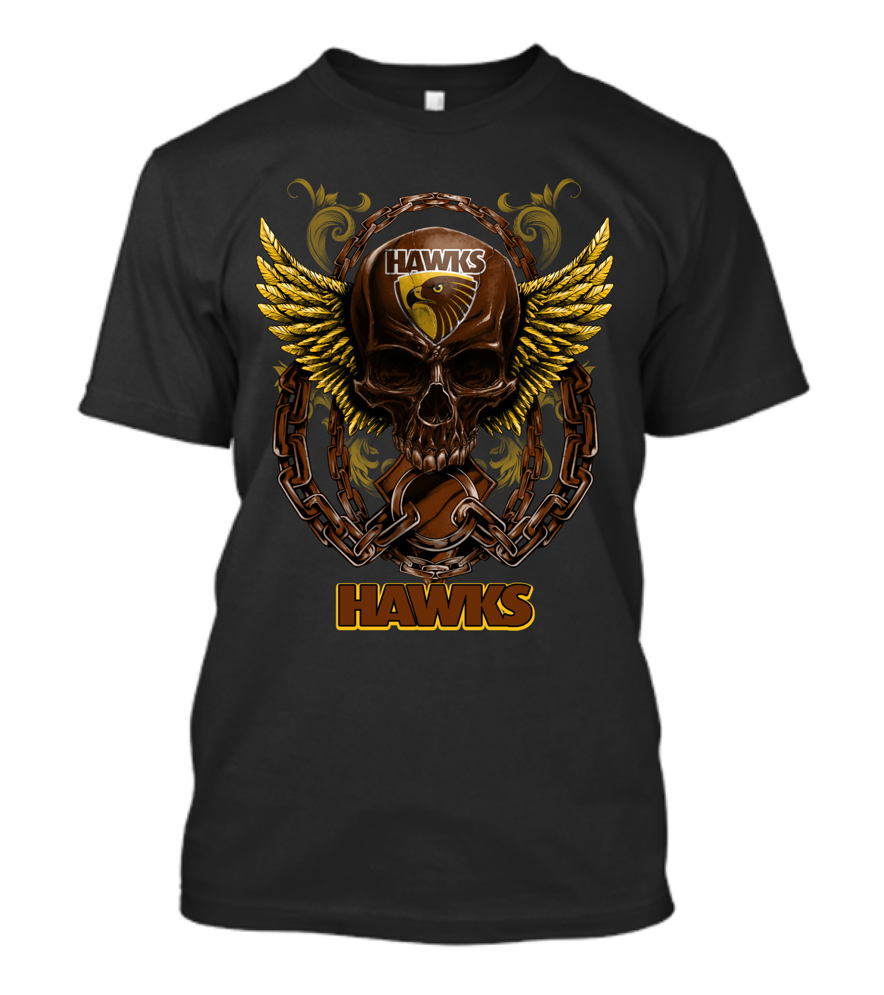 Hawthorn Hawks Skull With Wings And Chains T-Shirt