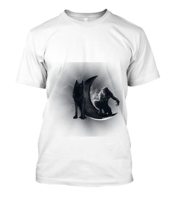 300219 Wolf And Werewolf On Crescent Moon With Lightning T-Shirt