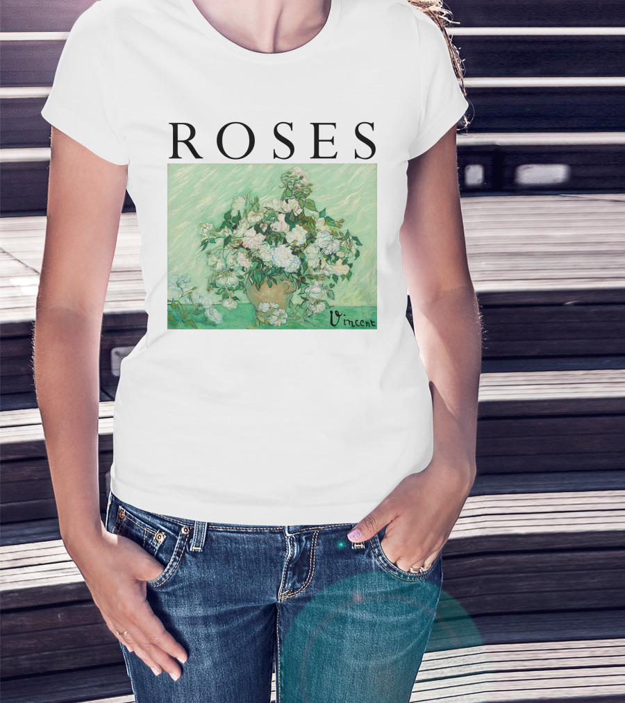 ROSES Vincent Van Gogh Green Floral Painting T-Shirt