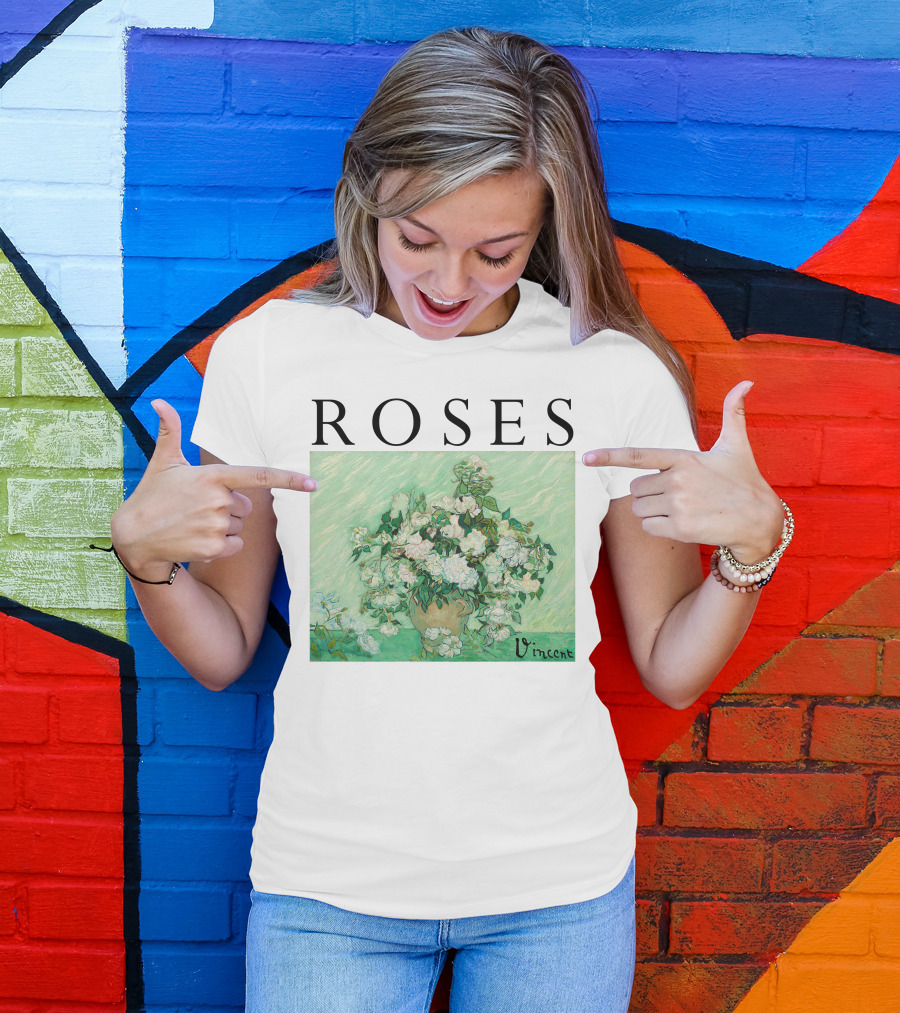 ROSES Vincent Van Gogh Green Floral Painting T-Shirt