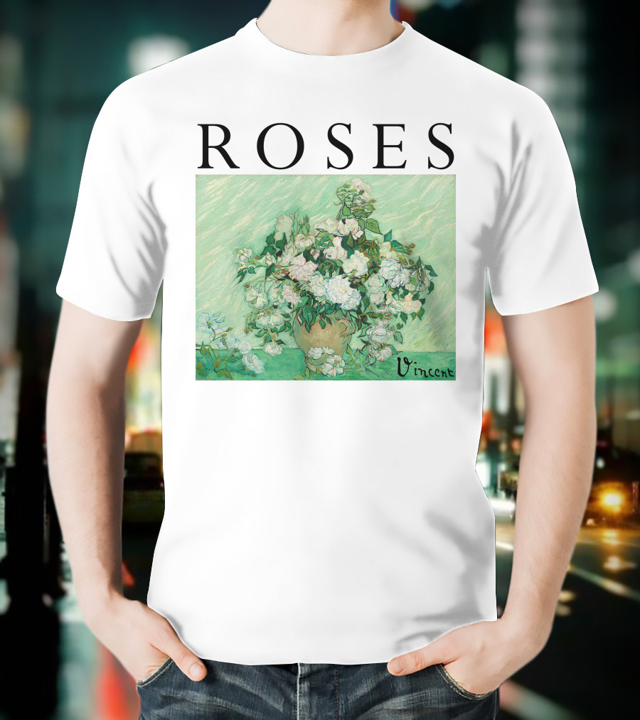 ROSES Vincent Van Gogh Green Floral Painting T-Shirt