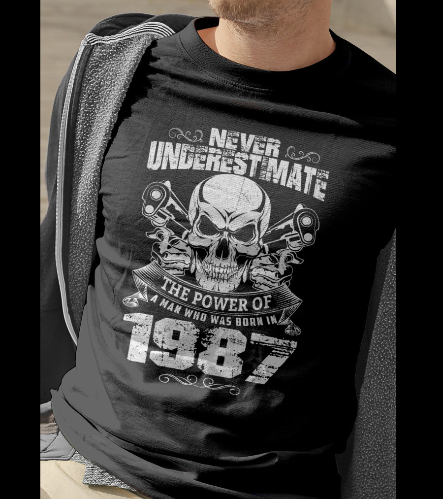 Never Underestimate The Power Of A Man Born In 1987 With Skull And Pistons T-Shirt