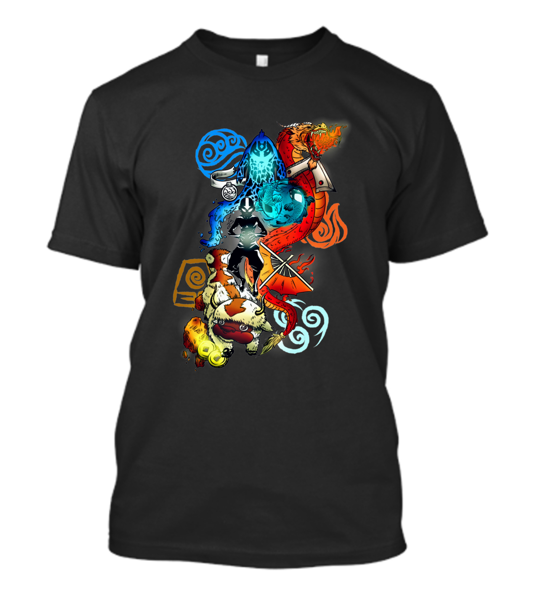Avatar Bending Elements With Water, Earth, Fire, Air Symbols And Creatures 4828 T-Shirt