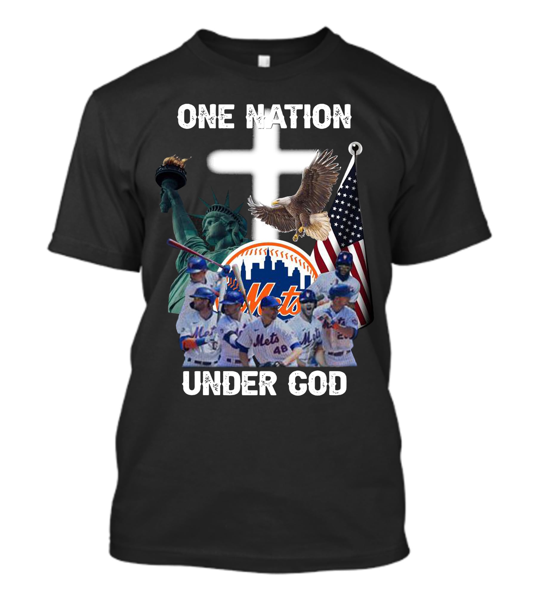 New York Mets One Nation Under God Liberty Eagle Flag Cross Baseball Players T-Shirt