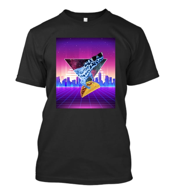 Aesthetic Synthwave Leopard Gecko Taco In Retro Urban Skyline T-Shirt
