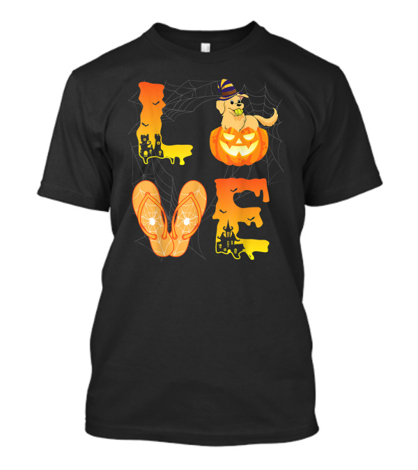 Love Halloween Pumpkin Golden Retriever Flip Flop Moon T-Shirt