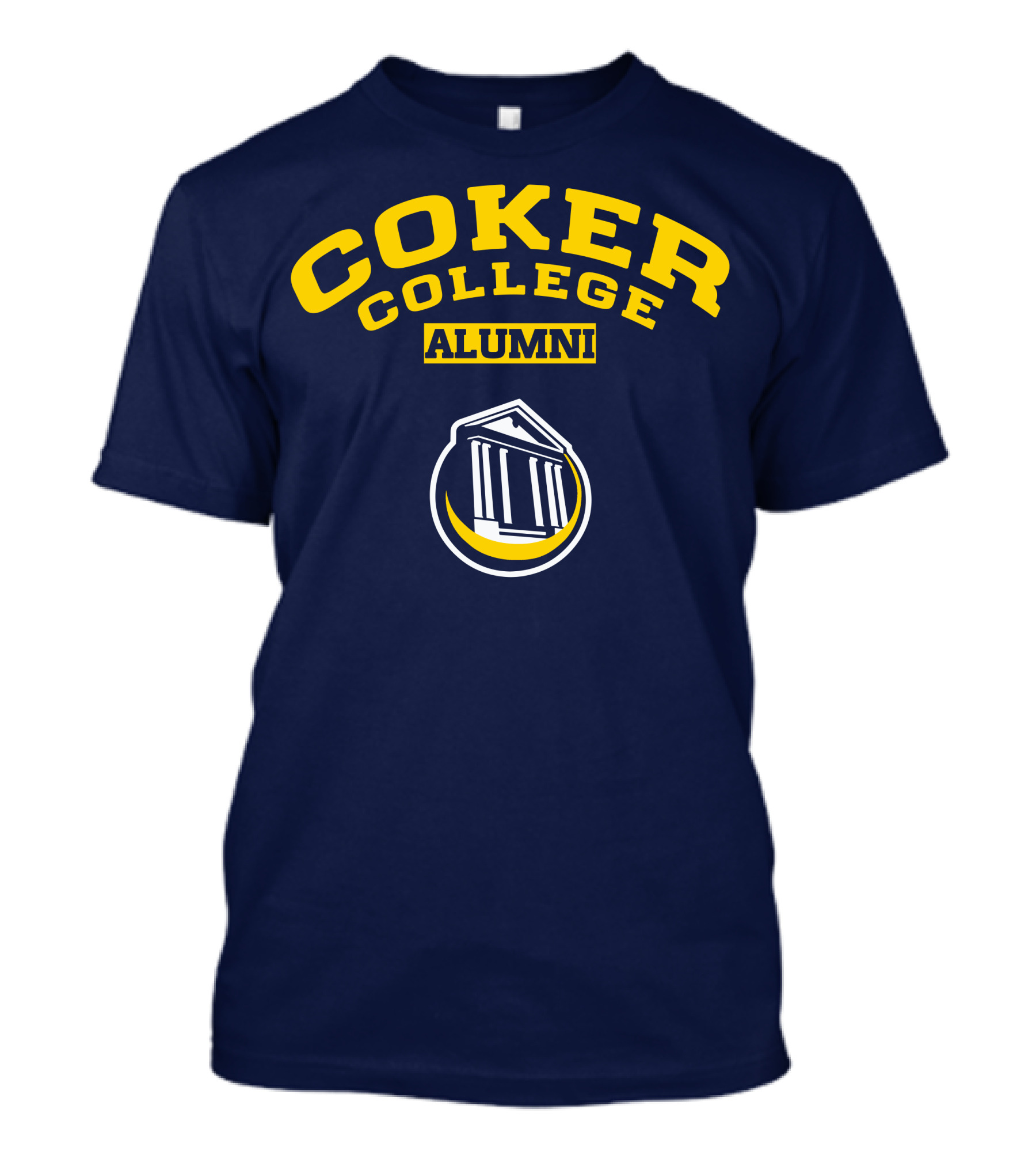 Coker College Alumni Yellow And Navy Blue Text With Greek Temple T-Shirt