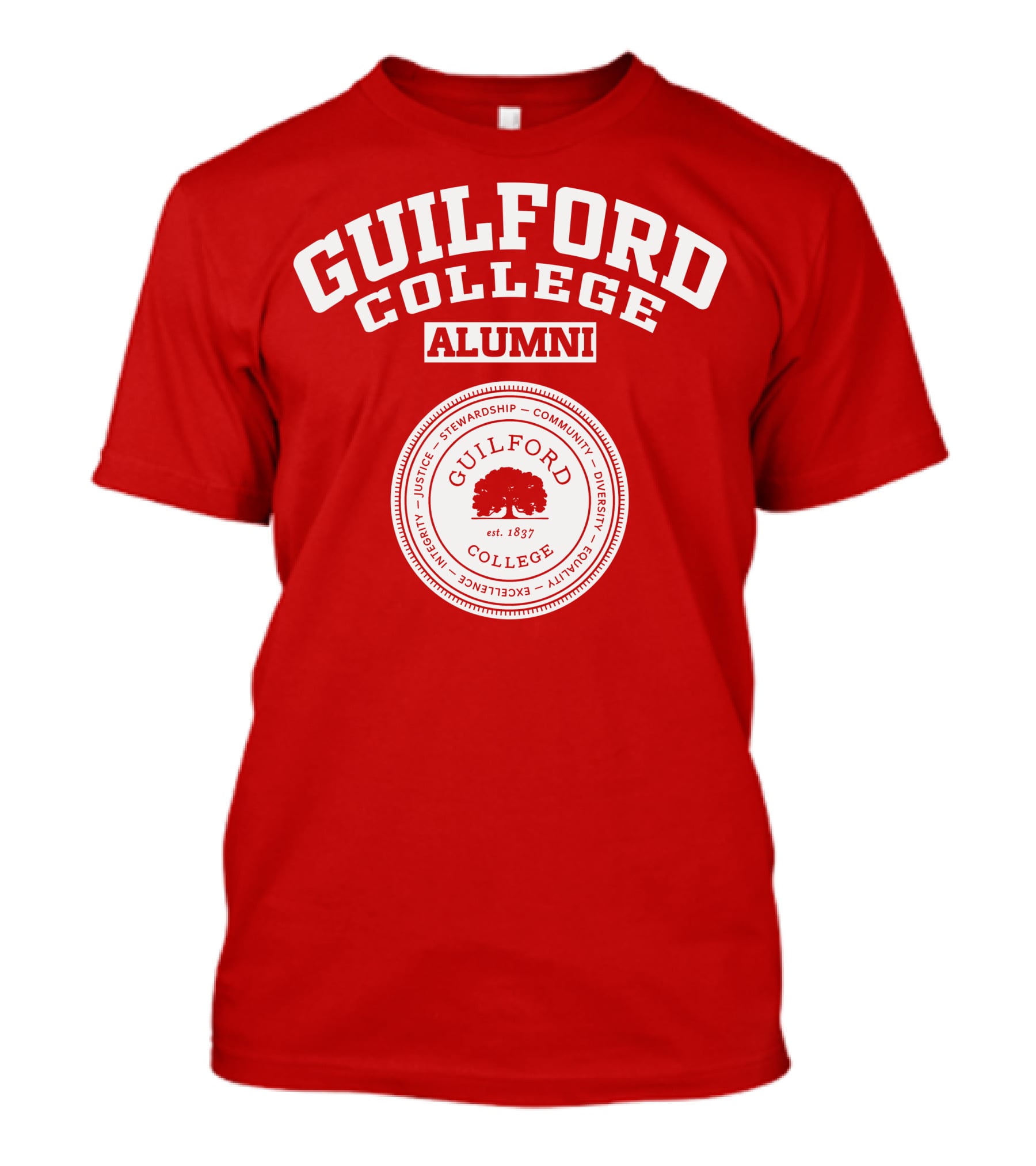 Guilford College Alumni Logo Seal Established 1837 Integrity Justice Stewardship Community Diversity Equality Excellence T-Shirt