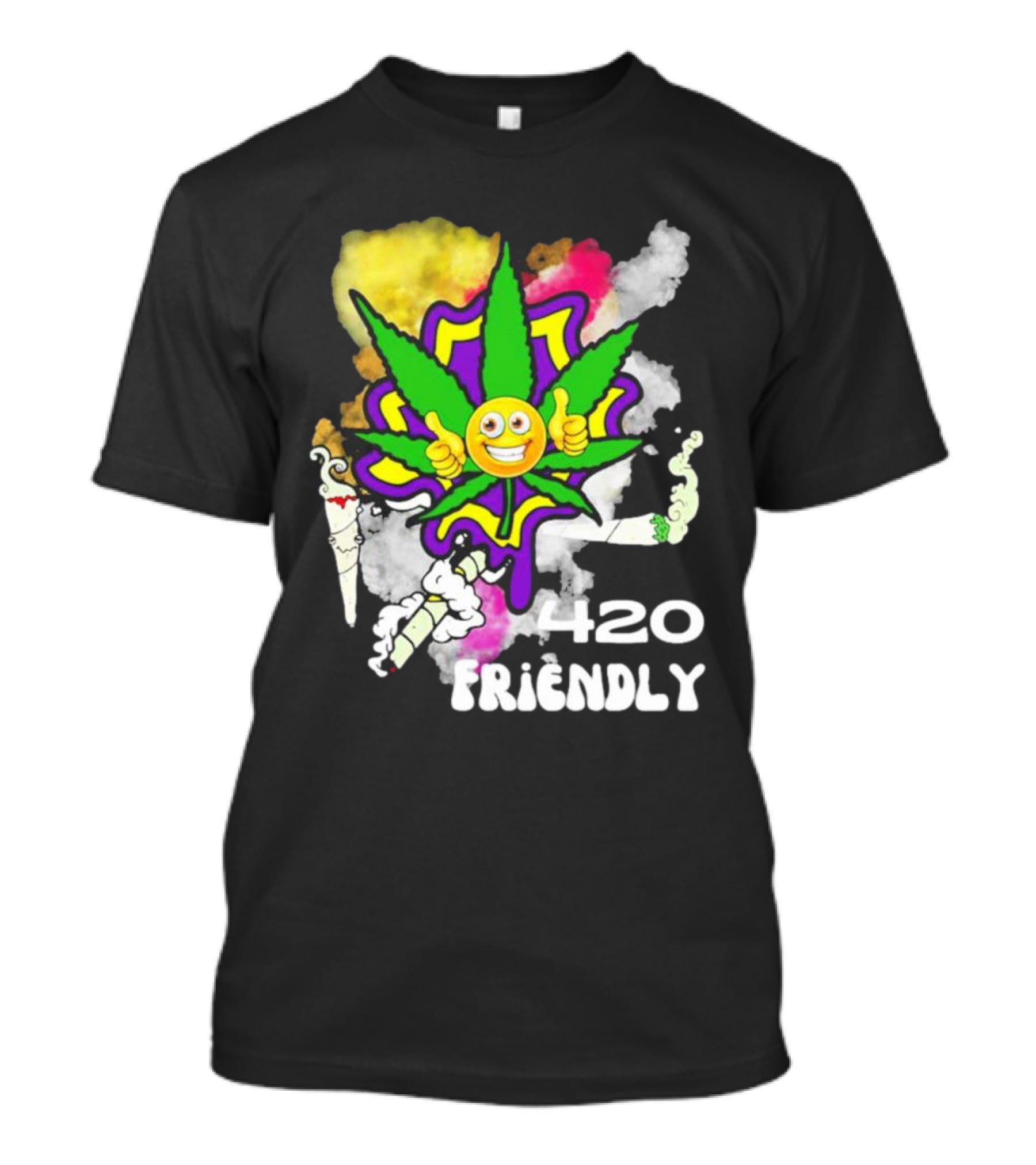 420 Friendly Happy Stoner Leaf With Smiley Face And Colorful Smoke T-Shirt