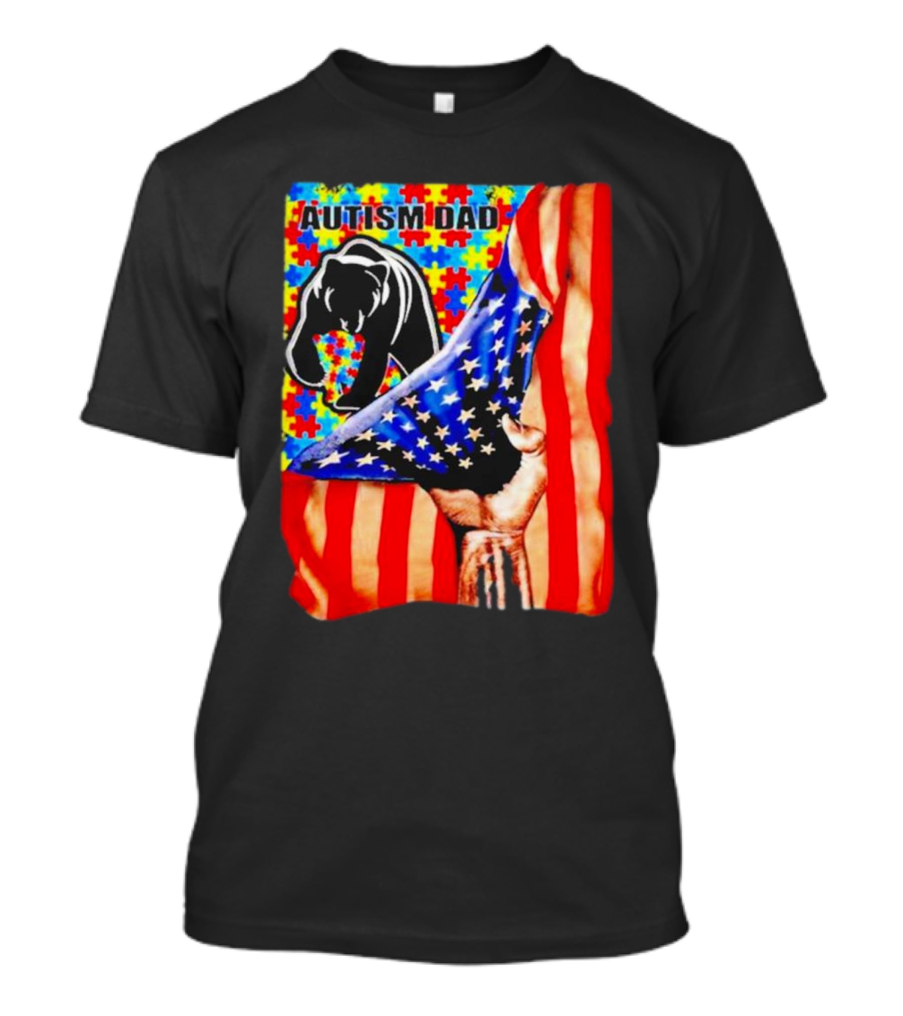 Autism Dad Bear USA Flag Puzzle Awareness T-Shirt