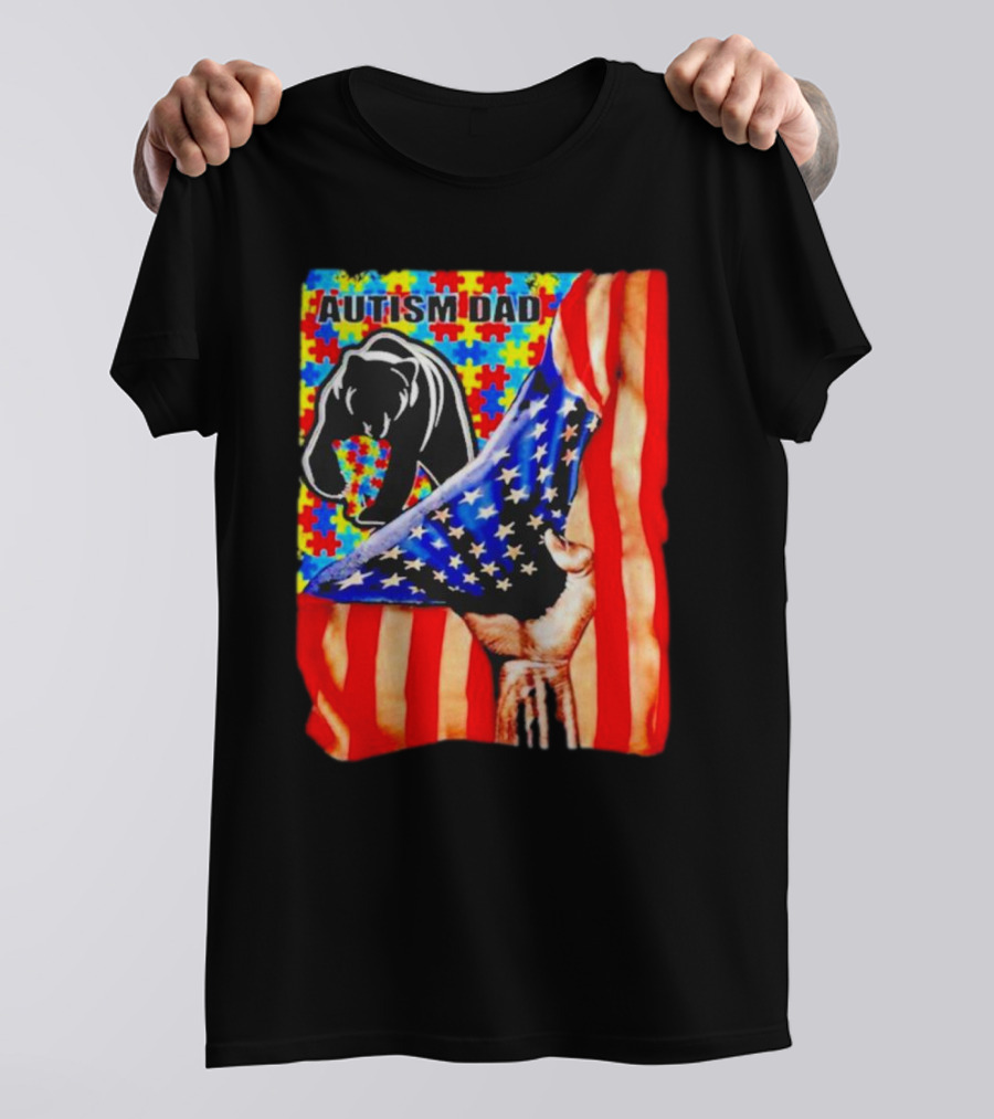 Autism Dad Bear USA Flag Puzzle Awareness T-Shirt