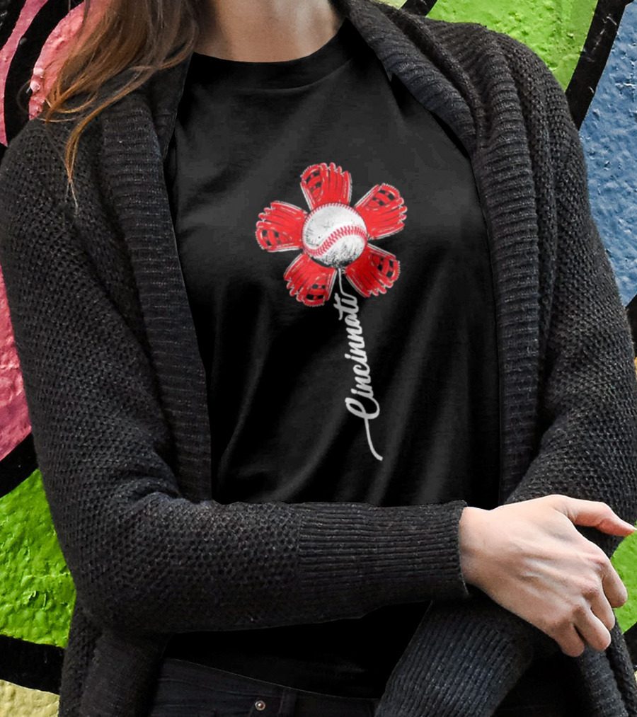 Cincinnati Baseball Flower With Baseball Center And Red Glove Petals T-Shirt