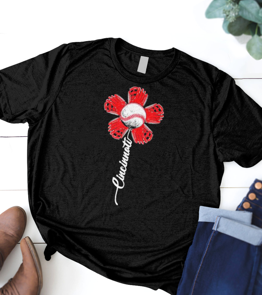 Cincinnati Baseball Flower With Baseball Center And Red Glove Petals T-Shirt