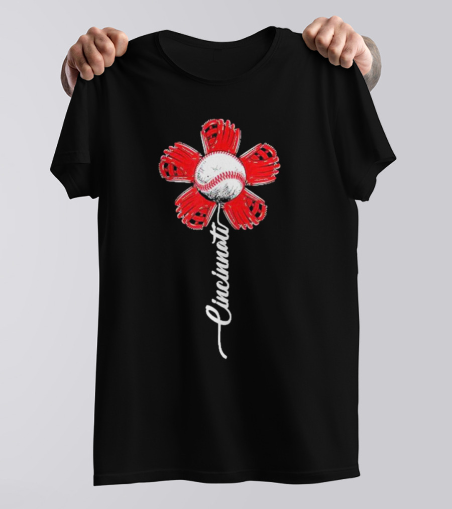 Cincinnati Baseball Flower With Baseball Center And Red Glove Petals T-Shirt