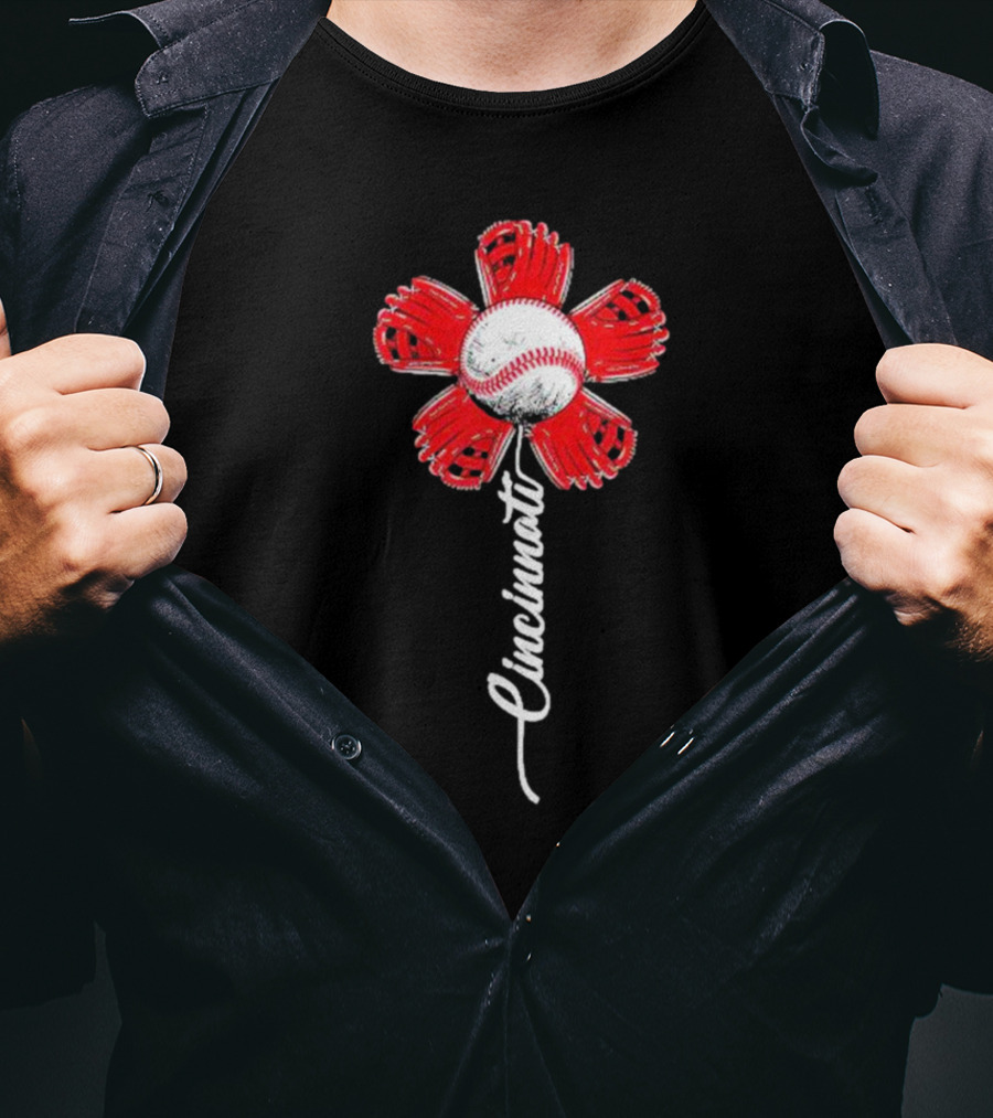 Cincinnati Baseball Flower With Baseball Center And Red Glove Petals T-Shirt